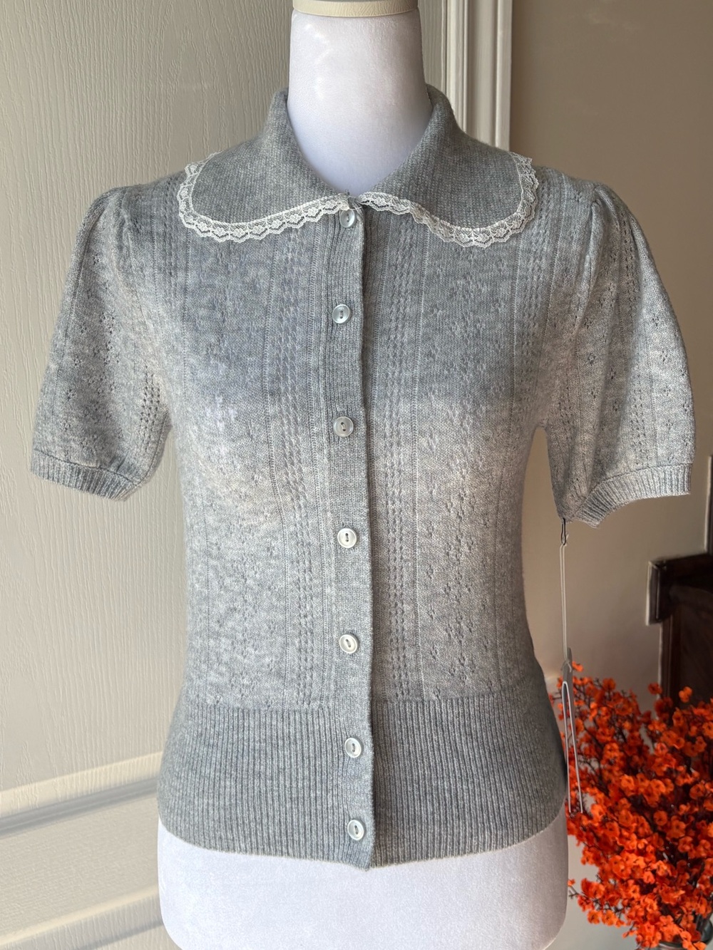 NWT Grey Pointelle and Lace Collared Blouse